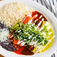 Enchiladas · Scallops and shrimp with mole verde.