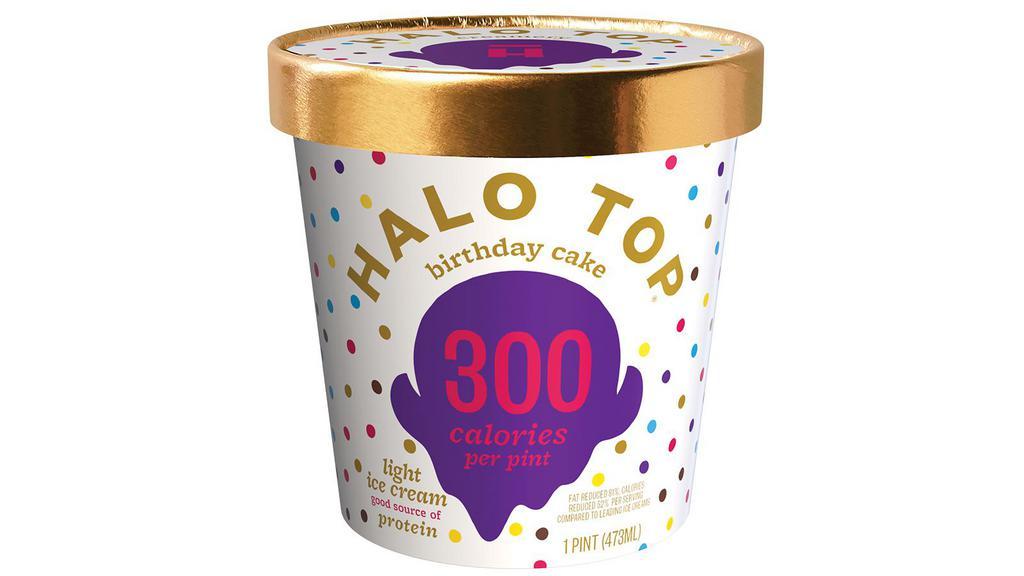 Halo Top Birthday Cake · 16 oz. Birthday cake light ice cream with rainbow sprinkles.