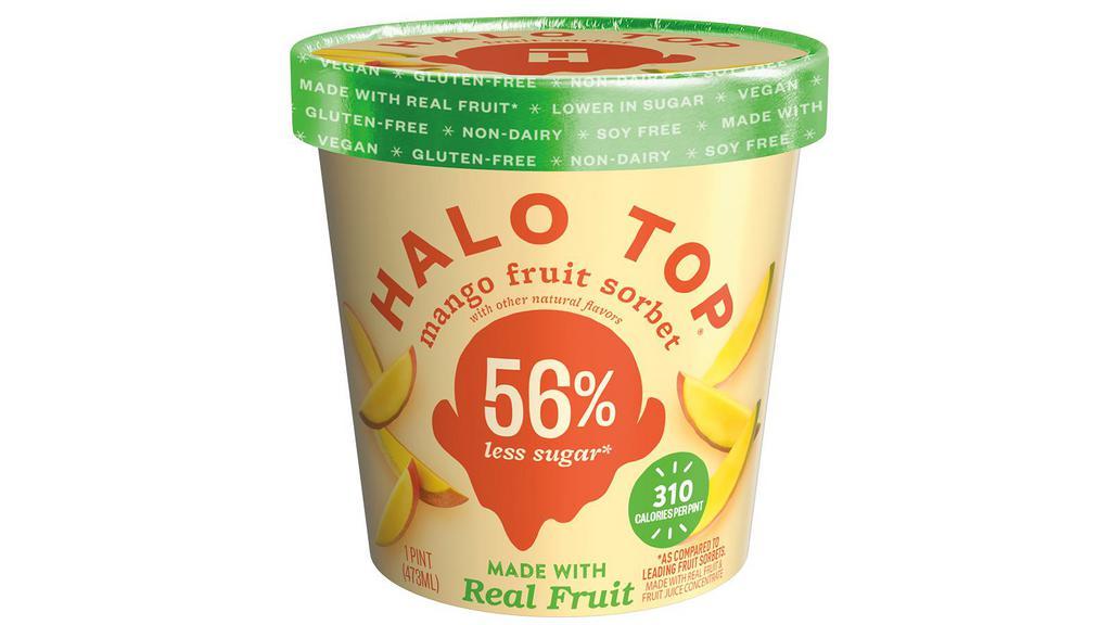 Halo Top Mango Sorbet · 16 oz. Made with real, juicy, ripe mangos for a simple, refreshing taste that is full of flavor. Each pint is only 310 calories and has 56% less sugar per serving. Certified vegan and gluten-free.