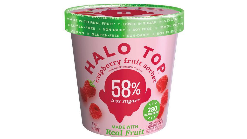 Halo Top Raspberry Sorbet · 16 oz. Made with real, juicy, ripe raspberries for a simple, refreshing taste that is full of flavor. Each pint is only 280 calories and has 58% less sugar per serving. Certified vegan and gluten-free.