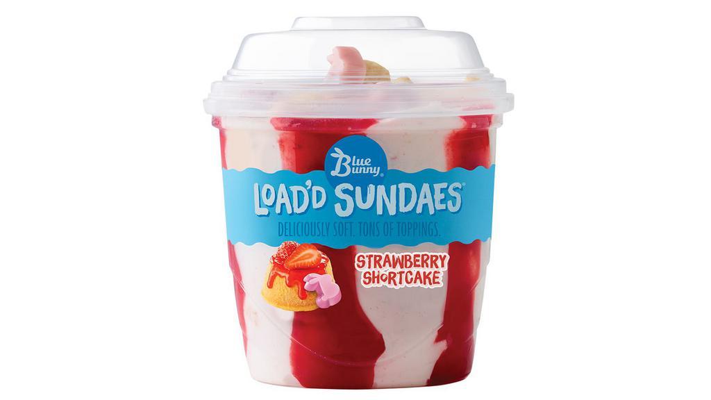 Strawberry Shortcake Load'D Sundae · Soft strawberry flavored frozen dairy dessert blended with strawberry swirls, real strawberries and shortcake pieces with candy coated strawberry bunnies.