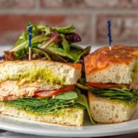 Salmon Sandwich · Grilled salmon with fresh dill aioli on focaccia with baby spinach and tomato served on foca...