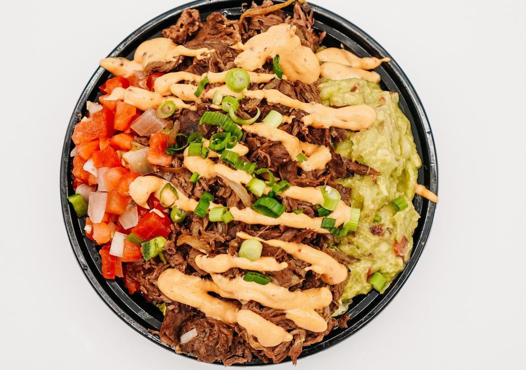 House Special Bowl · Top sirloin Roast Beef, Spanish Rice, Pinto Beans, Lettuce, House salsa, Guacamole, Chipotle aioli, and Scallions.