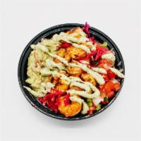 Shrimp Bowl · Marinated Grilled Shrimp, Spanish Rice, Pinto Beans, Lettuce, House salsa, Guacamole, Red Ca...