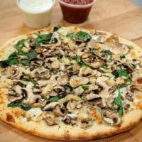 Tuscan #13 Small · Creamy white garlic sauce, mozzarella and Monterey Jack cheese blend, topped with fresh spin...