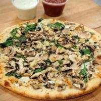 Tuscan #13 X-Large · Creamy white garlic sauce, mozzarella and Monterey jack cheese blend, topped with fresh spin...