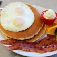 Pancake Breakfast Special · Two Large Buttermilk Pancakes, Two Eggs (any style), Two Strips of Bacon or Two Links of Sau...