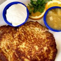 Potato Latkes (3) · Potato pancakes. Served with sour cream or  applesauce.