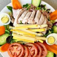 Z.S Famous Chef Salad · Fresh greens with tender slices of baked ham, fresh turkey breast, swiss and American cheese...