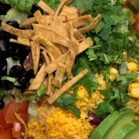 Santa Fe Chopped Chicken Salad · Mixed greens with grilled chicken, corn, black beans, avocado, tomato, green onion, cheddar ...