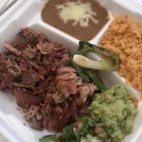 Combo Plate · Hefty plate of your choice of protein, rice, beans, and 6 corn tortillas.