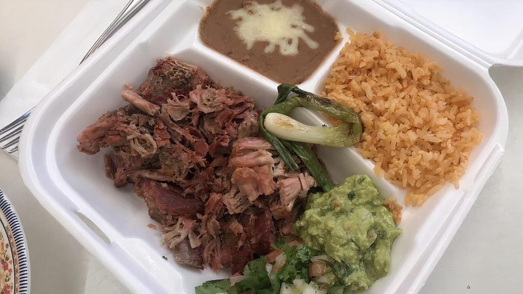 Combo Plate · Hefty plate of your choice of protein, rice, beans, and 6 corn tortillas.