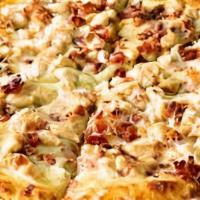 Chicken Bacon Ranch Pizza · White cream sauce, mozzarella, chicken, Canadian bacon, and ranch. That's a f*cking good piz...