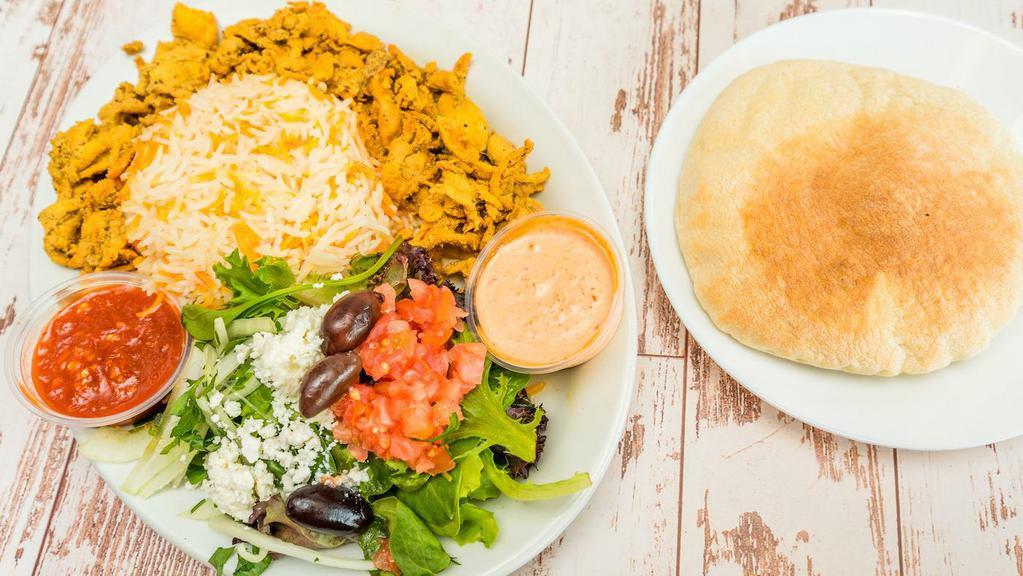 Skews Plate · Rice, green salad, hummus, tahini, garlic sauce and pita bread with your choice of protein!
