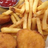 Kids Nugget Meal · Fresh chicken nuggets, fries and a bottle of apple juice.
