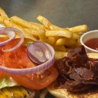 Bbq Bacon Burger · Angus beef patty, our Awesomę BBQ Sauce, cheddar cheese, bacon, fresh tomato, lettuce, red o...