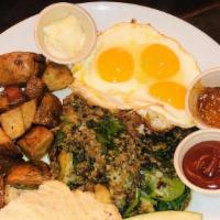 House-Made Meatball Hash · 3 eggs any style + spinach + pesto + potatoes | (GF bread is available)