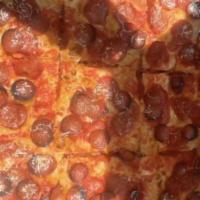 Pepperoni Pie (Whole Pie) · tomato sauce, mozzarella, double-dose of artisan pepperoni  - 15 x 15 in pan pizza, 9 square...