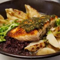 Pan Roasted Salmon · Tokyo Turnips / Black Rice / Kombu Dashi / Gyoza / Salmon with Chimichurri