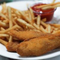 Chicken Strips · 3 strips, fries & choice of ranch, whiz, BBQ, or pizza sauce.