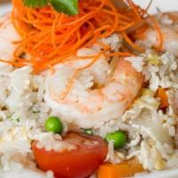 Fried Rice · Fried rice with chicken, onions, eggs, peas, carrots, tomatoes, and green onion