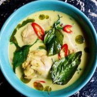 Green Curry With Jasmine Rice · Green curry paste in coconut milk, bamboo shoot, basil leaves, fresh chili.