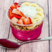 Tropical Pitaya Bowl · Pitaya, pineapple, mango, banana and coconut milk on top: granola, banana, strawberries and ...