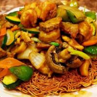 Singapore Rice Noodles · Spicy. Shrimp, BBQ Pork, Rice Noodles, Vegetables, Egg, Spicy curry powder.