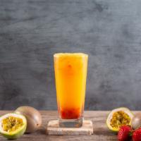 📍  Fall In Passion · Fresh strawberries and passion fruit pulp inside passion fruit juice.