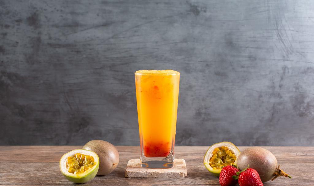 📍  Fall In Passion · Fresh strawberries and passion fruit pulp inside passion fruit juice.