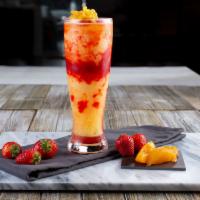 Bikini Peach · Peach juice blended with fresh peaches; mixed with strawberry swirls and strawberry puree; ;...