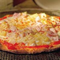 Hawaiian · Pineapple, turkey ham thin crust pizza.