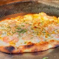 Shrimp Gratin · Shrimps, onion, white cream, and spicy sauce on thin crust pizza.