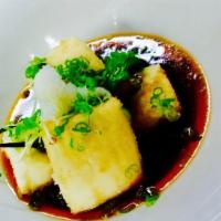 Agedashi Tofu · Lightly fried organic  tofu with tempura sauce and bonito flakes