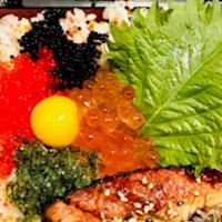 Spawn Rice Bowl · Assortment of fish eggs (Tobiko and masago) on top of sushi rice.