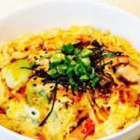 Oyako Donburi · Sautéed Chicken breast with mixed veggies and eggs on top of rice