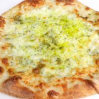 Pesto Pizza · organic pesto sauce, mozzarella.