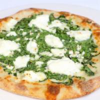 Spinach Ricotta Pizza · white pizza: fresh spinach, garlic, ricotta, alfredo sauce.