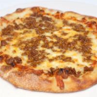 Impossible Pizza Bolognese · Impossible vegan ground beef bolognese, mozzarella, organic pizza sauce.