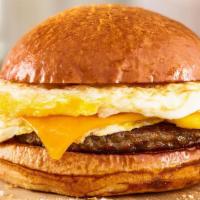 Sausage, Egg & Cheese Sandwich · Fresh cracked eggs, aged cheddar cheese, breakfast sausage, toasted brioche bun