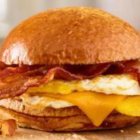 Bacon, Egg & Cheese Sandwich · Fresh cracked eggs, aged cheddar cheese, applewood smoked bacon, toasted brioche bun