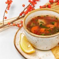 Lentil Soup · Vegetable soup made with fresh lentil, tomatoes, carrots, onions, parsley and seasonings.