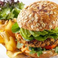 Vegan Burger · Homemade Vegan Patty, Avocado, Cucumber, Tomato, Arugula, Red Bell Pepper Aioli on Vegan Whe...
