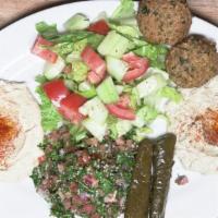 Vegetarian Combo · 2 falafel to grave leaves, hummus, baba ghanoush, tabbouleh, house salad and pita bread.