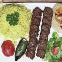 Luleh Kebab · A mix of lean ground beef, parsley, onions and black pepper grilled to perfection.