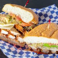 Chicken Chipotle Sandwich · Baked chicken breast, spicy chipotle sauce, avocado, tomato, sprouts and provolone cheese on...