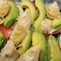 Redondo Salad · Organic mixed greens, marinated artichoke hearts, feta cheese, tomato, avocado and balsamic ...