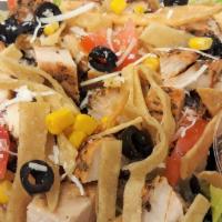 Santa Fe Salad · Chicken breast, Romaine lettuce, corn, black olives, Parmesan, tomatoes, tortilla strips and...