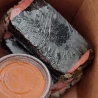 Spam Musubi - 1 Pc · Baked Spam! Sprinkled with Furikake and served with your choice of Okeyaki or Spicy Mayo dip...