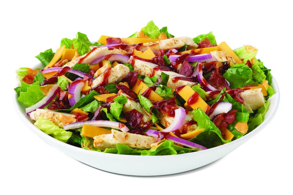 Baja Chicken Sub Salad (Half) · Chicken, bacon, cheddar, onions, BBQ sauce drizzle, chipotle mayo. 540 cal.